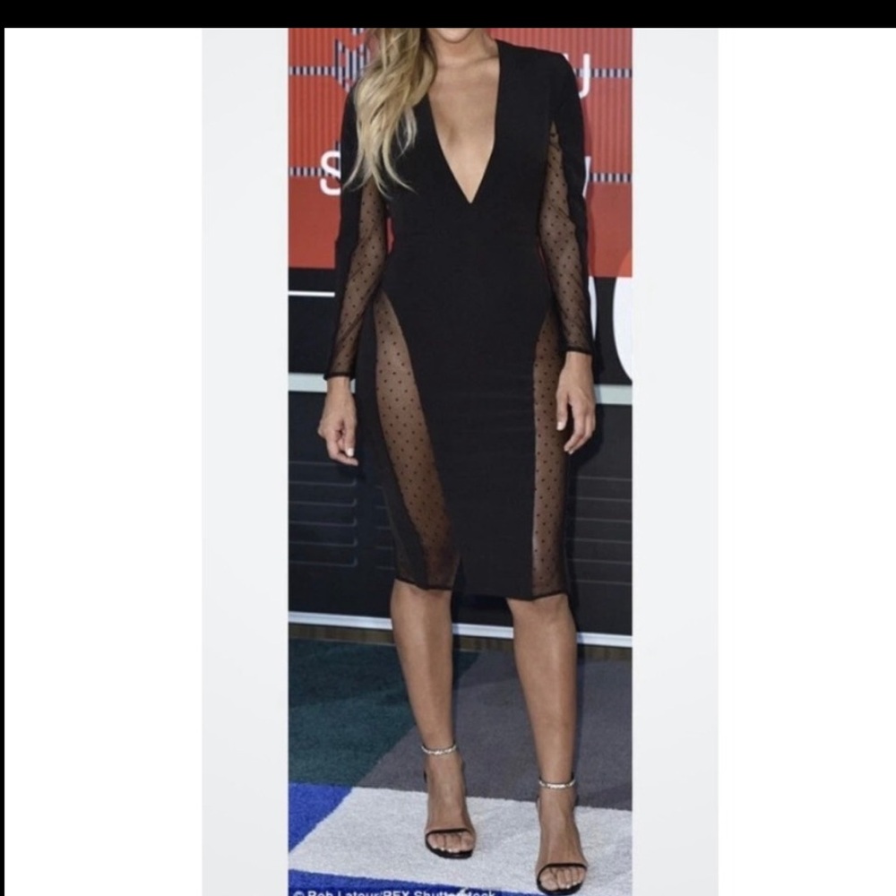 House of CB Black Nilda  Long Sleeve Sheer Panel Bodycon Midi Dress new size S